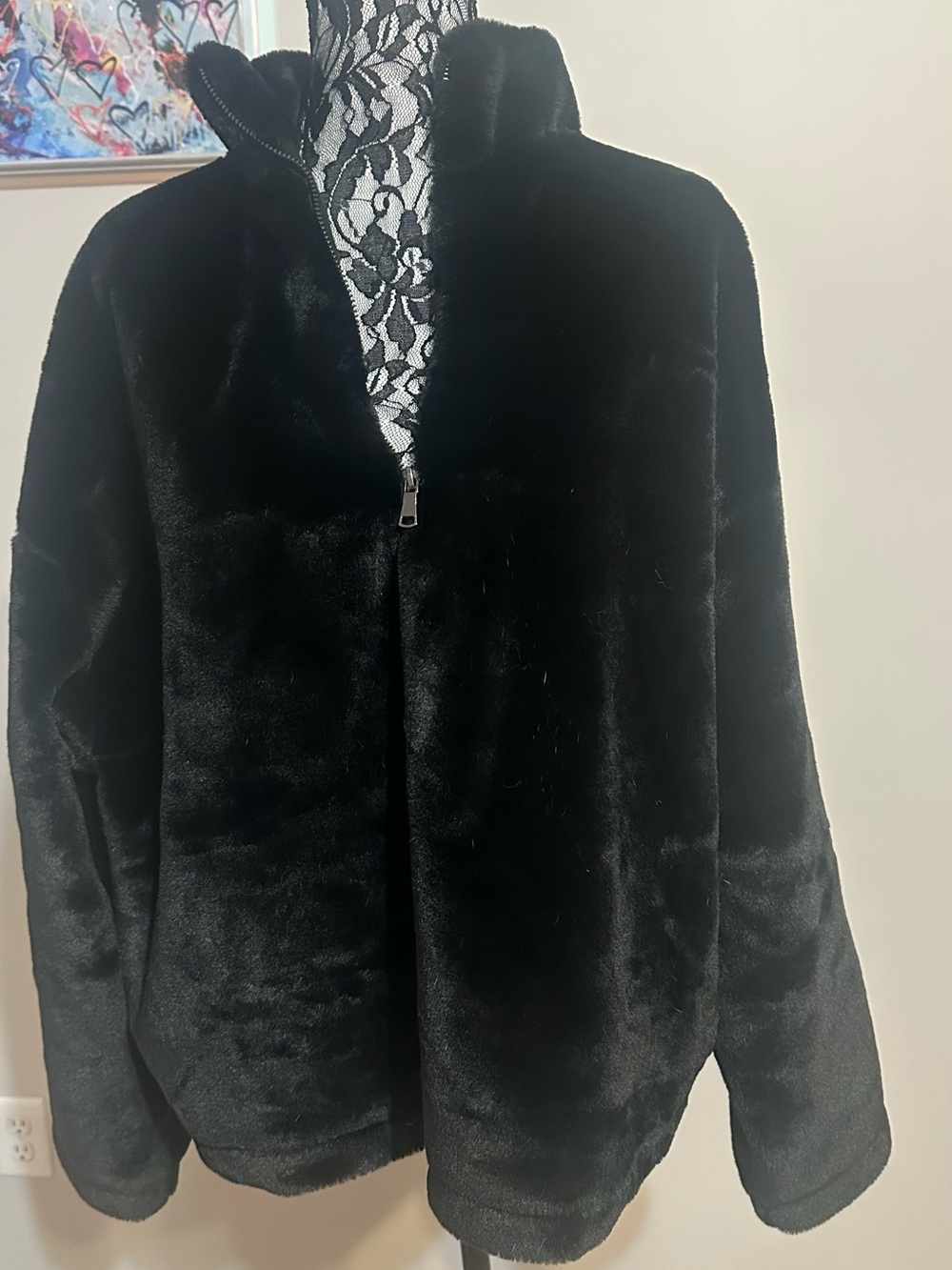 Black Faux Fur Quarter-Zip Jacket - Women's